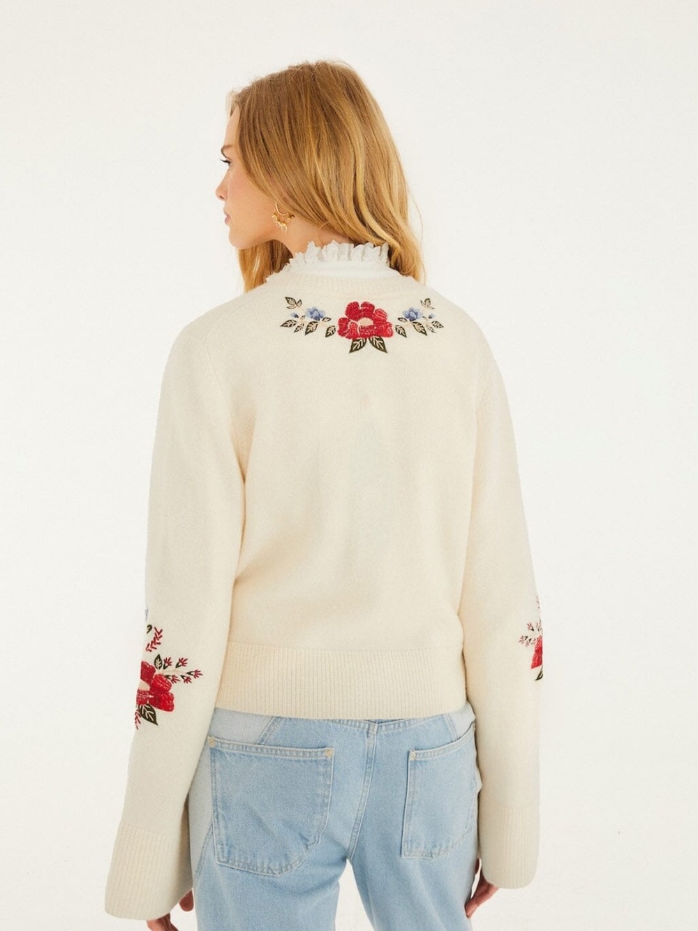 NWT FARM Rio Cream Embroidered Flowers Buttoned Knit Cardigan S - Picture 3 of 6